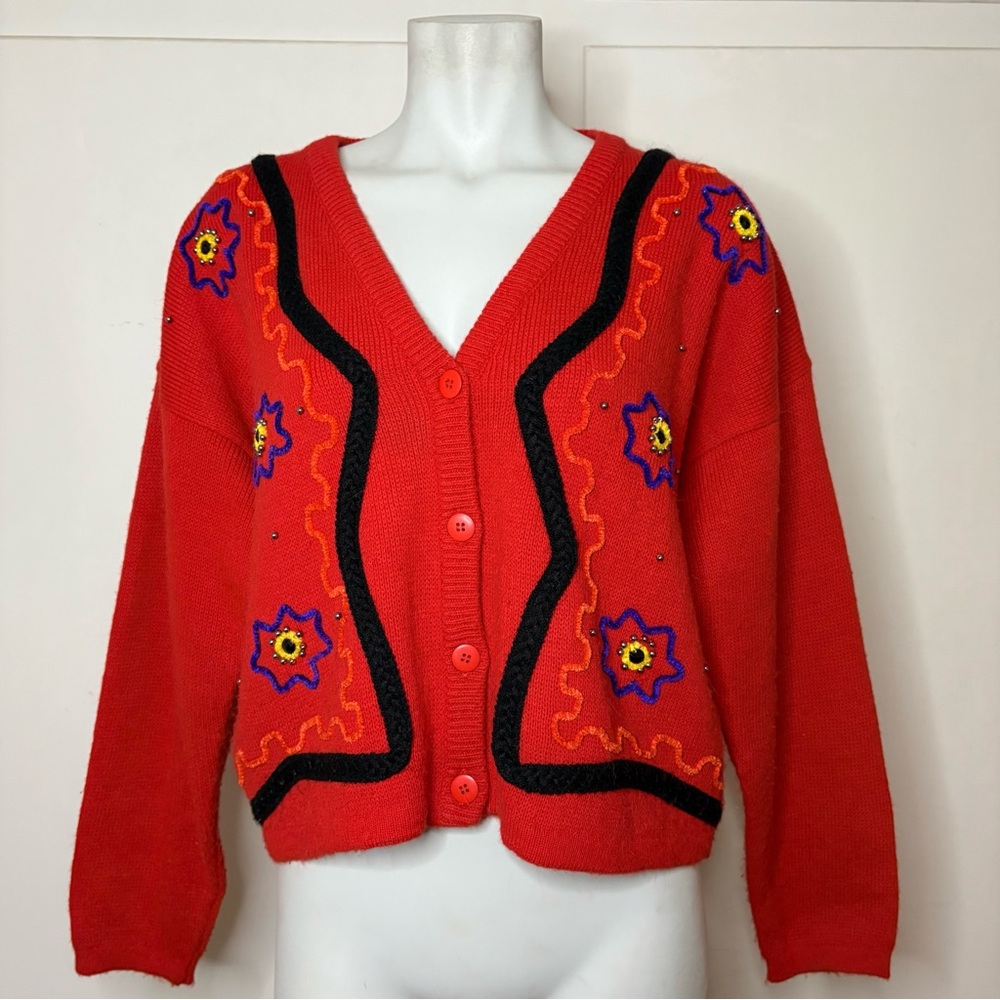 Vintage 80s Kitty Hawk Vivian Wang Red Funky Cropped Cardigan Sweater